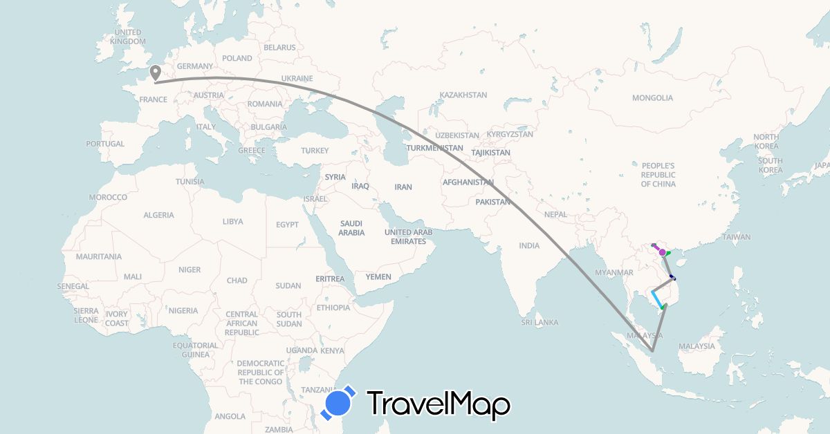 TravelMap itinerary: driving, bus, plane, train, boat in France, Cambodia, Singapore, Vietnam (Asia, Europe)